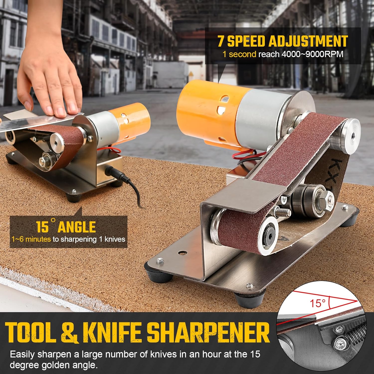 3-In-1 Mini Belt Sander - 15 Degree Knife Sharpener Electric Bench Grinder Sanding Machine, 7 Adjustable Speed Buffer Polisher for Metal Wood DIY Handcraft, Tool & Knife Sharpening (Plus Kit)